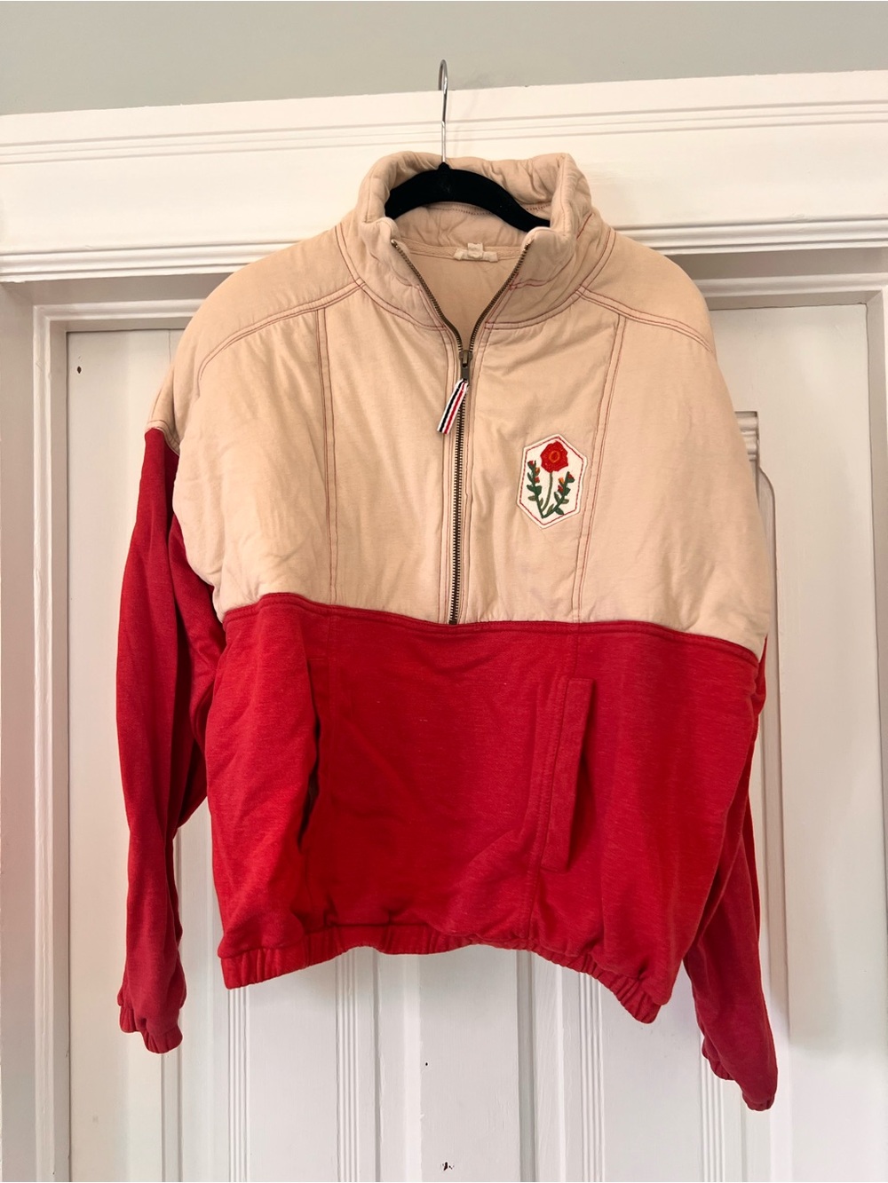 Pilcro Red and Cream Colorblock Half-Zip Bomber Jacket